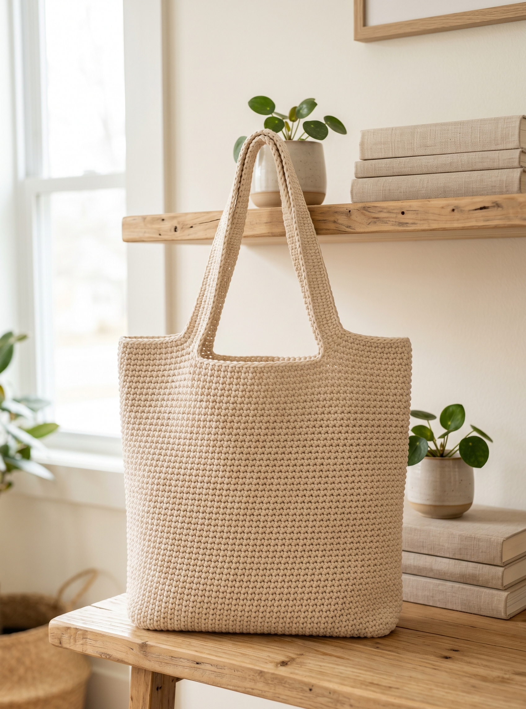 Fertige schlichte gehäkelte Tote Bag in moderner Form